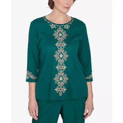 Alfred Dunner Petite Emerald Isle Center Medallion Embroidered Three Quarter Sleeve Top, Emerald, Size PM