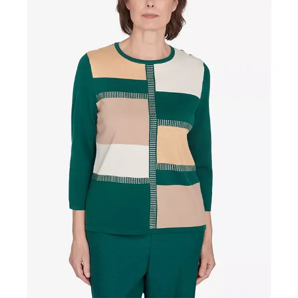Alfred Dunner Petite Emerald Isle Color Blocking Gold Trim Sweater, Mugreen