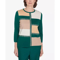 Alfred Dunner Petite Emerald Isle Color Blocking Gold Trim Sweater, Mugreen