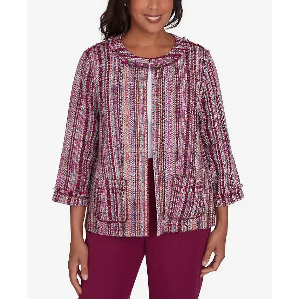 Alfred Dunner Petite Wine Country Fringe Textured Jacket, Mured, Size PS
