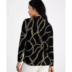 Anne Klein Petite V Neck Chain Print Blouse for Women, Stylish and Elegant Top, Anne Black