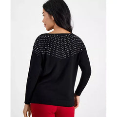 Anne Klein Petite Embellished Boat Neck Sweater for Women, Elegant and Cozy Knit Top