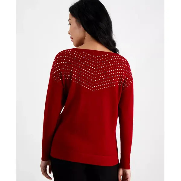 Anne Klein Petite Embellished Boat Neck Sweater for Women, Elegant and Cozy Knit Top