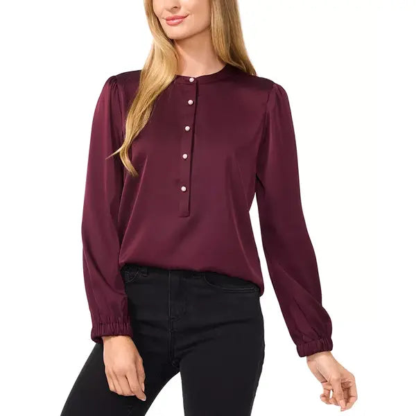 Macy's Women's Charmeuse Faux-Pearl-Button Blouse-Rich Cabernet