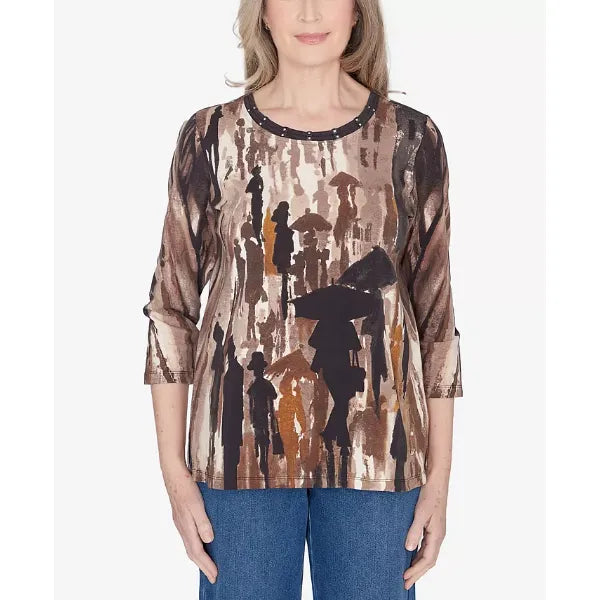 Alfred Dunner Petite Classics Conversational Crew Neck Top, Neutral, Size PXL