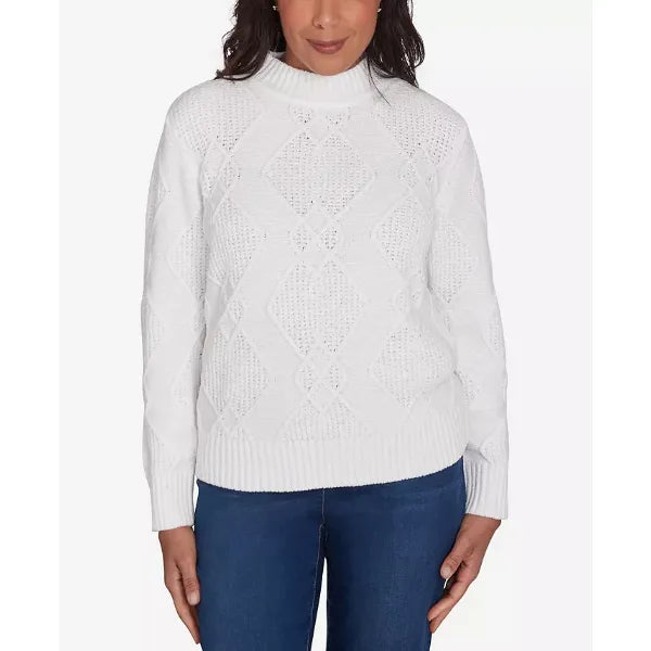 Alfred Dunner Petite Classics Chenille Diamond Turtleneck Sweater, Ivory , PXL