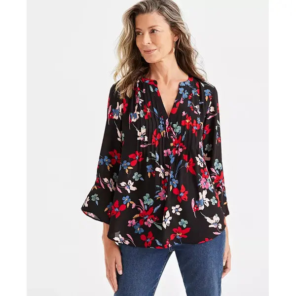 Women's Printed Pintuck Ruffle Sleeve Top, Created for Macy's-Florel black