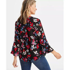 Women's Printed Pintuck Ruffle Sleeve Top, Created for Macy's-Florel black