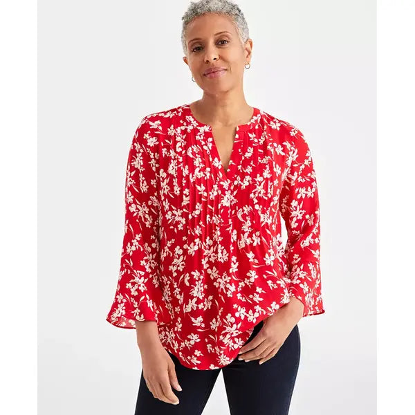 Women's Printed Pintuck Ruffle Sleeve Top, Created for Macy's-Red florel