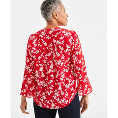 Women's Printed Pintuck Ruffle Sleeve Top, Created for Macy's-Red florel