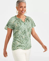 Women's Printed Shine Flutter-Sleeve Blouse, Created for Macy's-Tile Green