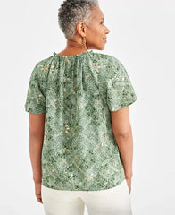 Women's Printed Shine Flutter-Sleeve Blouse, Created for Macy's-Tile Green