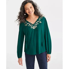 Women's Shine Embroidered Long-Sleeve Blouse, Created for Macy's-Emb Green