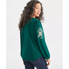 Women's Shine Embroidered Long-Sleeve Blouse, Created for Macy's-Emb Green