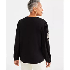 Women's Shine Embroidered Long-Sleeve Blouse, Created for Macy's-Emb Black