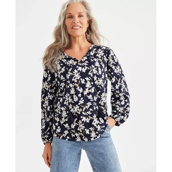 Women's Printed Tassel Knit Blouse, Created for Macy's-Floral Blue