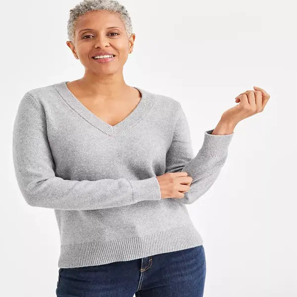 Petite Whimsy Shine Pullover V-Neck Sweater, Created for Macy's-Shne Bge T Hthr