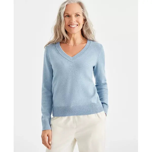 Petite Whimsy Shine Pullover V-Neck Sweater, Created for Macy's-Shine Pale Hydra