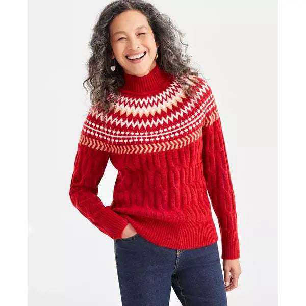 Women's Fair Isle Mockneck Cable-Knit Sweater, Created for Macy's-Red