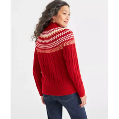 Women's Fair Isle Mockneck Cable-Knit Sweater, Created for Macy's-Red