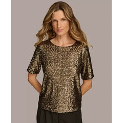 Macy's Women's Short-Sleeve Sequin Top-Black gold