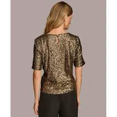 Macy's Women's Short-Sleeve Sequin Top-Black gold