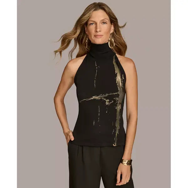 Macy's Women's Mock-Neck Sleeveless Top-Black Metallic