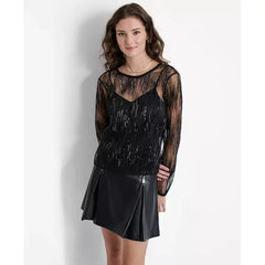 Macy's Women's Crewneck Sequin-Tulle Long-Sleeve Top-Black