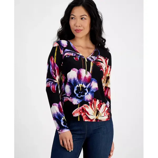 Petite Floral-Print Zip-Front Blouse, Created for Macy's-Natalie combo