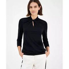 Anne Klein Womens Solid Twist Neck 3/4 Sleeve Top, Stylish Lightweight Blouse