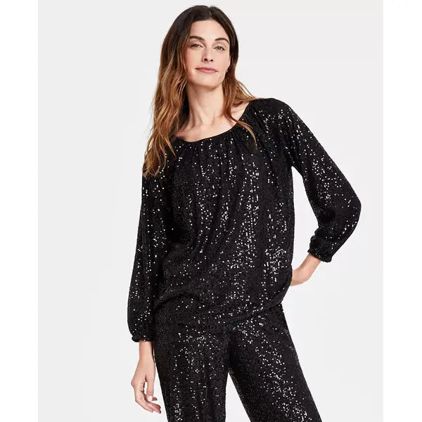 Women's Sequin Boat-Neck Top, Created for Macy's-Deep black