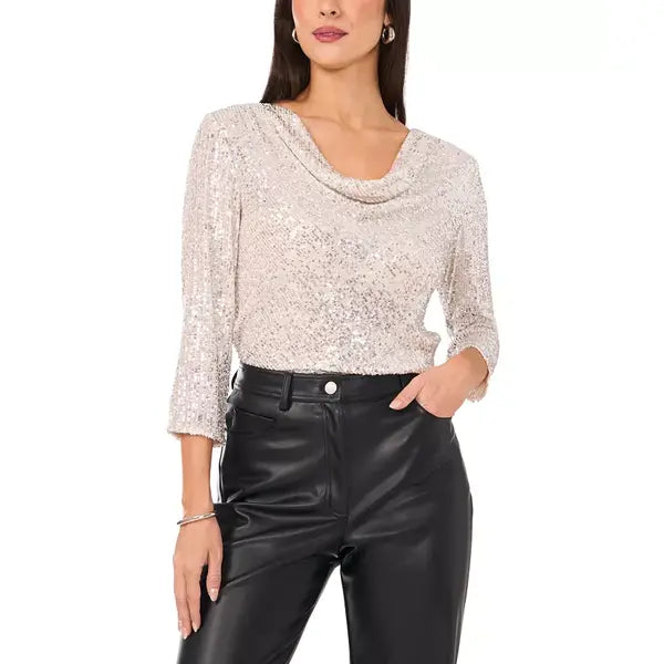 Macy's Women's Sequined Cowlneck 3/4-Sleeve Top-Champagne Silver
