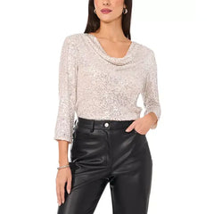Macy's Women's Sequined Cowlneck 3/4-Sleeve Top-Champagne Silver