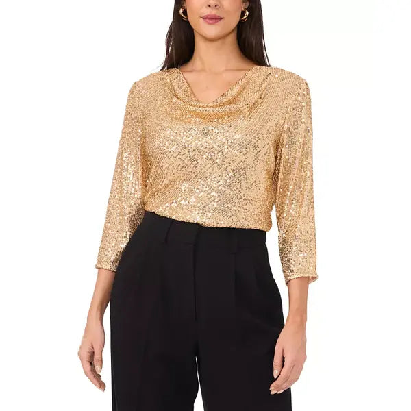 Macy's Women's Sequined Cowlneck 3/4-Sleeve Top-Golden