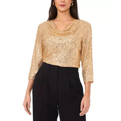 Macy's Women's Sequined Cowlneck 3/4-Sleeve Top-Golden