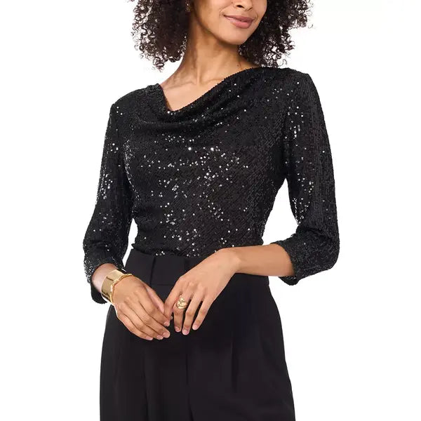 Macy's Women's Sequined Cowlneck 3/4-Sleeve Top-Rich black