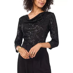 Macy's Women's Sequined Cowlneck 3/4-Sleeve Top-Rich black