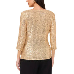 Macy's Women's Sequined Cowlneck 3/4-Sleeve Top-Golden