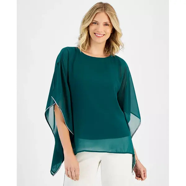 Women's Embellished Chiffon Poncho Top, Created for Macy's-Pure Emerald