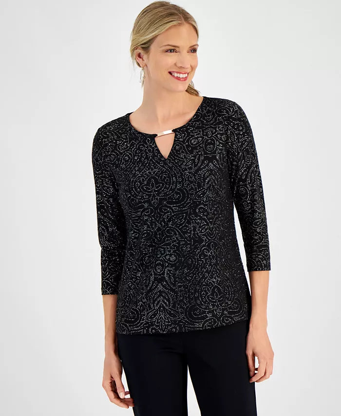 Women's Glitter Jacquard 3/4-Sleeve Top, Created for Macy's-Deep black
