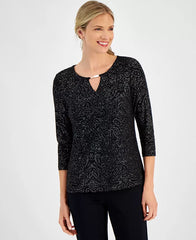 Women's Glitter Jacquard 3/4-Sleeve Top, Created for Macy's-Deep black