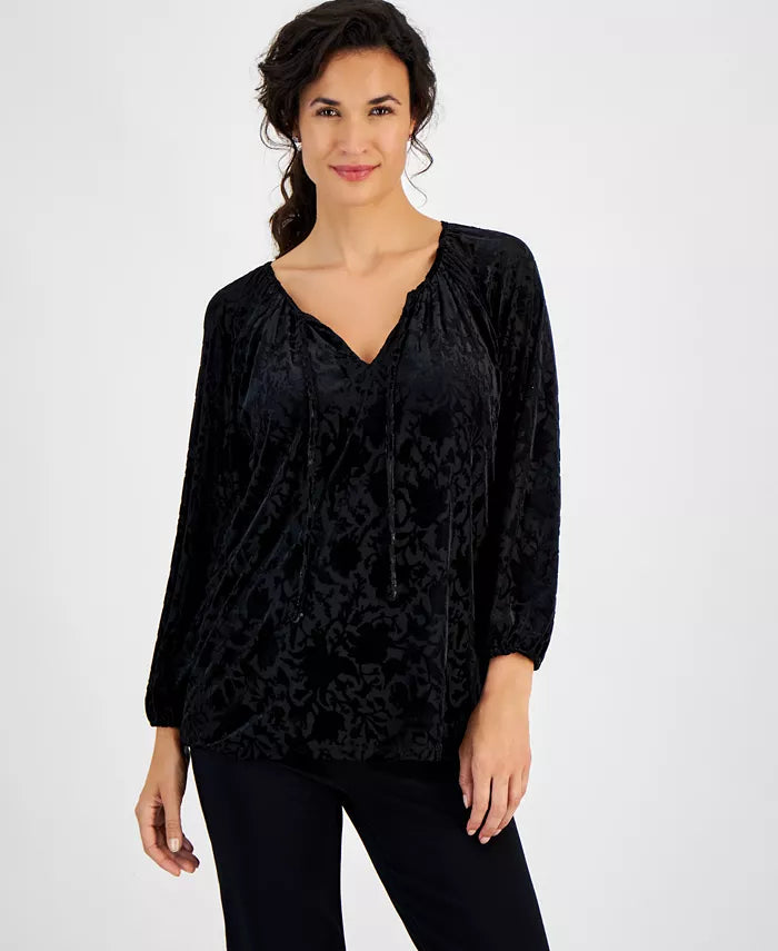 Women's Burnout Velvet Split-Neck Top, Created for Macy's-Black