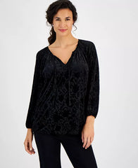 Women's Burnout Velvet Split-Neck Top, Created for Macy's-Black