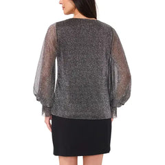 Macy's Women's Metallic V-Neck Sheer-Sleeve Top -Rich Black