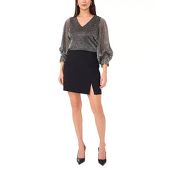 Macy's Women's Metallic V-Neck Sheer-Sleeve Top -Rich Black