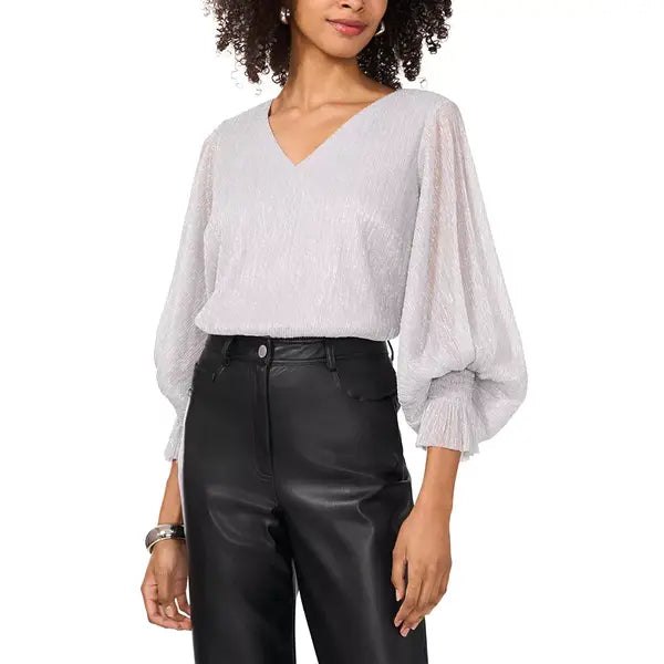 Macy's Women's Metallic V-Neck Sheer-Sleeve Top-Silver