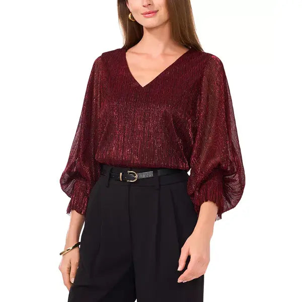 Macy's Women's Metallic V-Neck Sheer-Sleeve Top-Ultra red