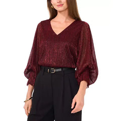 Macy's Women's Metallic V-Neck Sheer-Sleeve Top-Ultra red