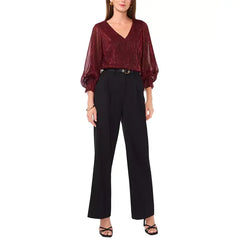 Macy's Women's Metallic V-Neck Sheer-Sleeve Top-Ultra red