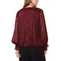Macy's Women's Metallic V-Neck Sheer-Sleeve Top-Ultra red